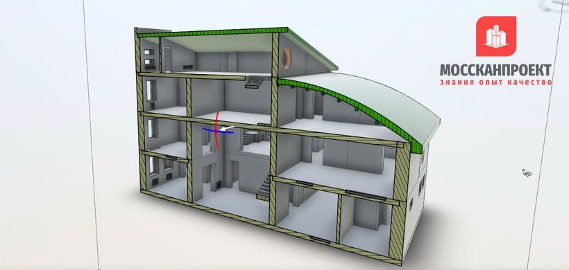 Продольный разрез 3d модели коттеджа Рига, выполненный в программе AutoCAD Продольный разрез 3d модели коттеджа Рига